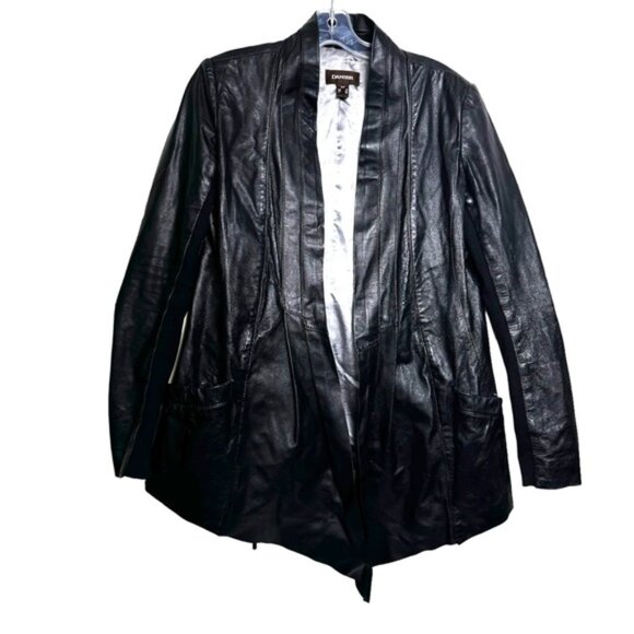 Daniel Leather Open Shawl Collar Jacket Blazer Ties Ribbed Stretch Sides Pockets - Picture 2 of 16